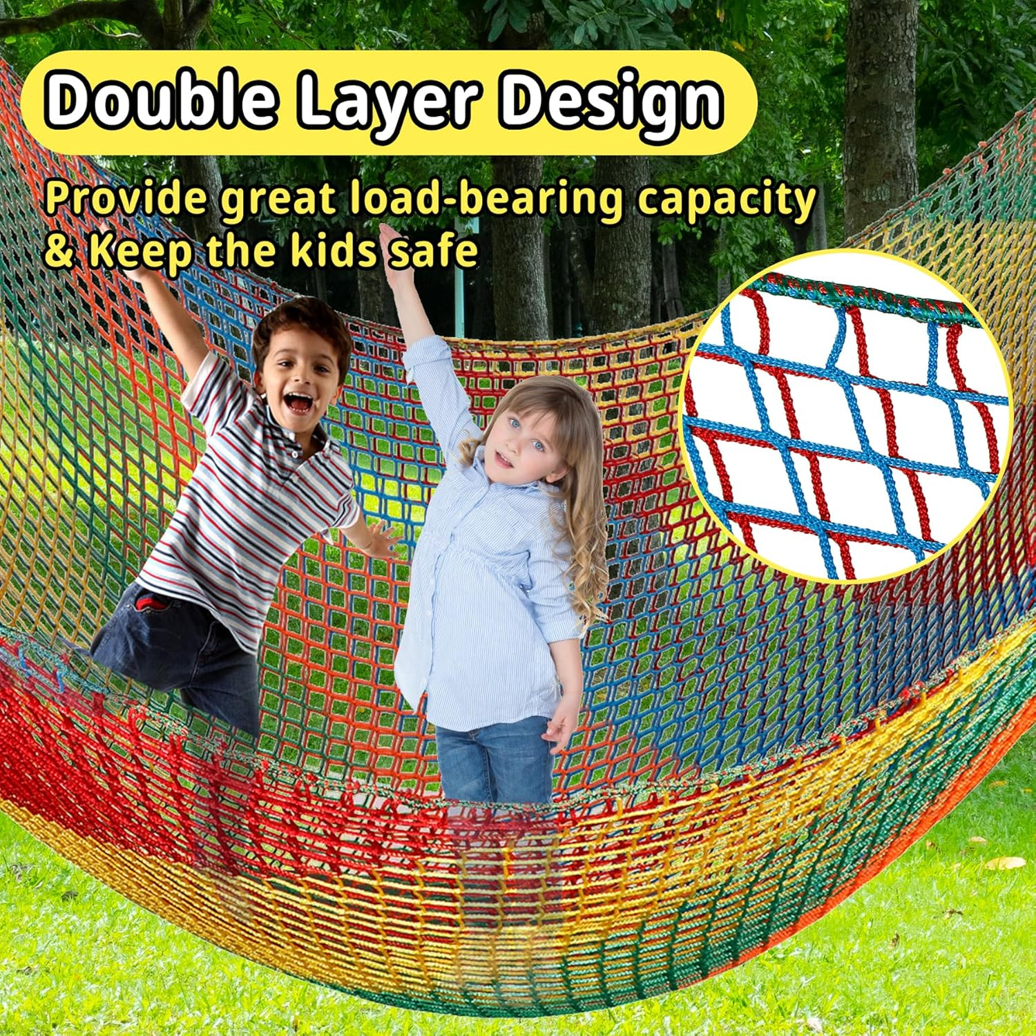 Playground Safety Net 6.5' X 9.8', Double Layers Climbing Cargo Net for Kids, Multicolored for Tree House, Obstacle Training, Back Yard image number 5
