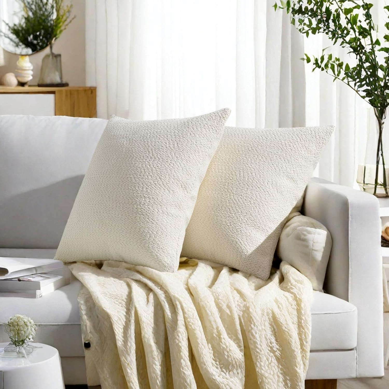 DONGMEIWANG Decorative Throw Pillows Set of 2 Boucle Textured Throw Pillow Covers 18 X 18 Cozy Soft Accent Cushion Cases Throw Pillows for Bed Sofa Couch and Living Room image number 3