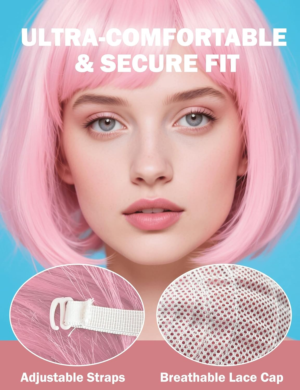 QAUARUMSUN Red Bob Wig Synthetic Heat-Resistant Red Wig with Adjustable Straps, Natural Looking Soft Bob Wig for Halloween Costume Party (Pink)