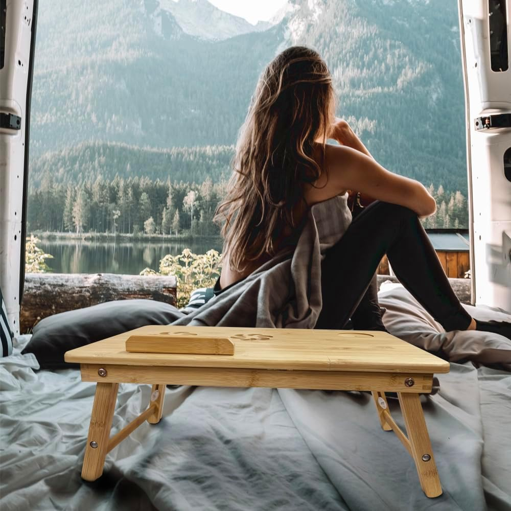 Portable Lap Desk, Clevinger Laptop Desk for Serving Bed Tray Breakfast Table, Bamboo Adjustable Height Angle Foldable Stand with Tablet Phone Slot Notebook Computer Work Study Reading Kids, 50X30Cm image number 2