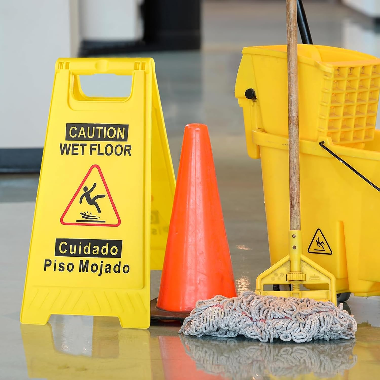 Professional Caution Wet Floor Sign, 4-Pack, Double-Sided A-Frame, Yellow, 17.5 Inch Height, Bilingual Warning Message image number 1