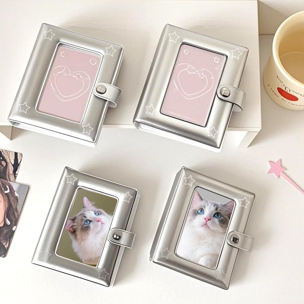 3 Inch Silver Photo Albums, Mini Photo Album Small Picture Book for Photos Patent Leather Star Postcard Album Picture Books with 20 Pages and 40 Pockets Postcard Holder Photoalbum Scrapbook Albums image number 2