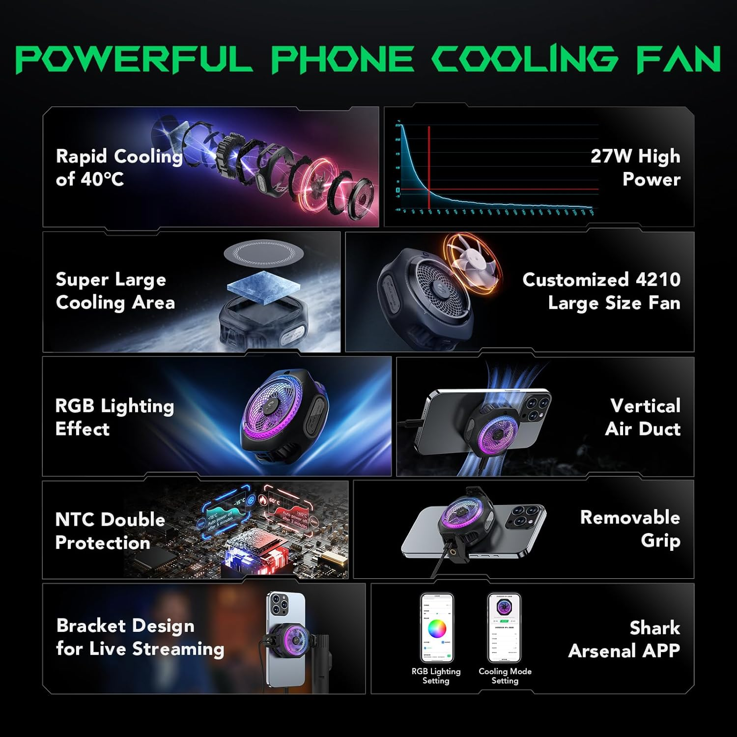 Black Shark Phone Cooler, Magcooler 4 Pro Magnetic Phone Cooling Fan, RGB Light, App, 27W Cellphone Radiator for Gaming & Video Streaming & Car Driving Mobile Cooler for Phones & Tablets & Ipads image number 5