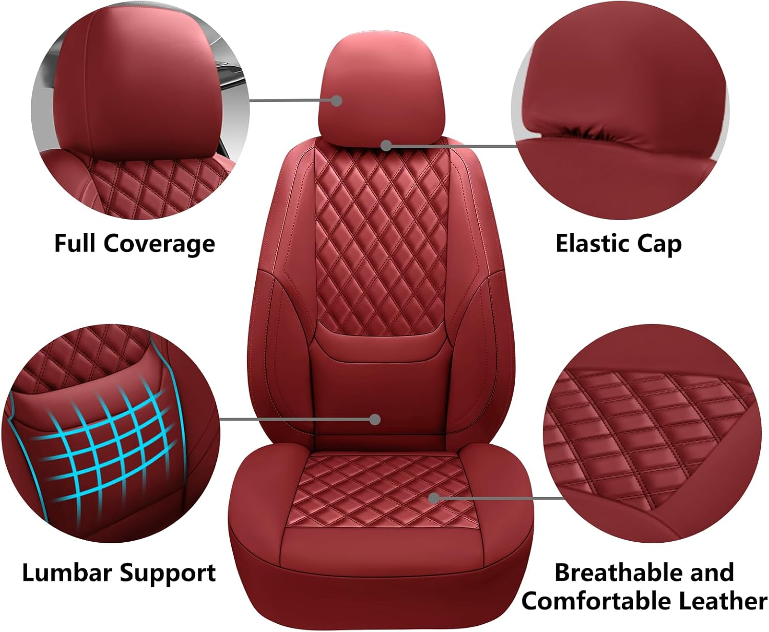 NS YOLO Full Coverage Leather Car Seat Covers Full Set,Waterproof Seat Covers for Cars,Suvs Pick-Up Truck, Car Seat Cushion,Car Seat Protector,Wine Red Seat Cover with 5 Seats image number 4