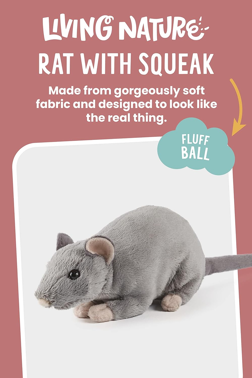 Living Nature Plush Rat with Squeak Sound, 30Cm, Realistic Soft Toy with Educational Fact Tag, Eco-Friendly Stuffed Animal for Small Pet Lovers and Collectors