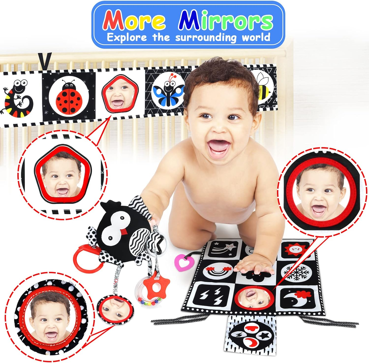 Black and White High Contrast Baby Toys 0-6 Months with Mirror, Crinkle and Rattles, Soft Baby Toys for Brain Development Montessori Sensory Tummy Time Toys Newborn Infant Toys for 0 3 6 9 Months Old image number 6