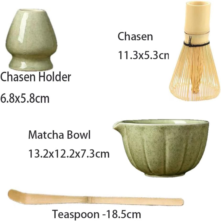Matcha Set,4Pcs Exquisite Matcha Tea Set,Match Bowl with Spout and Whisk,Matcha Whisk Stand (Chasen Holder) for Matcha Tea Ceremony (Mottled Green) image number 3