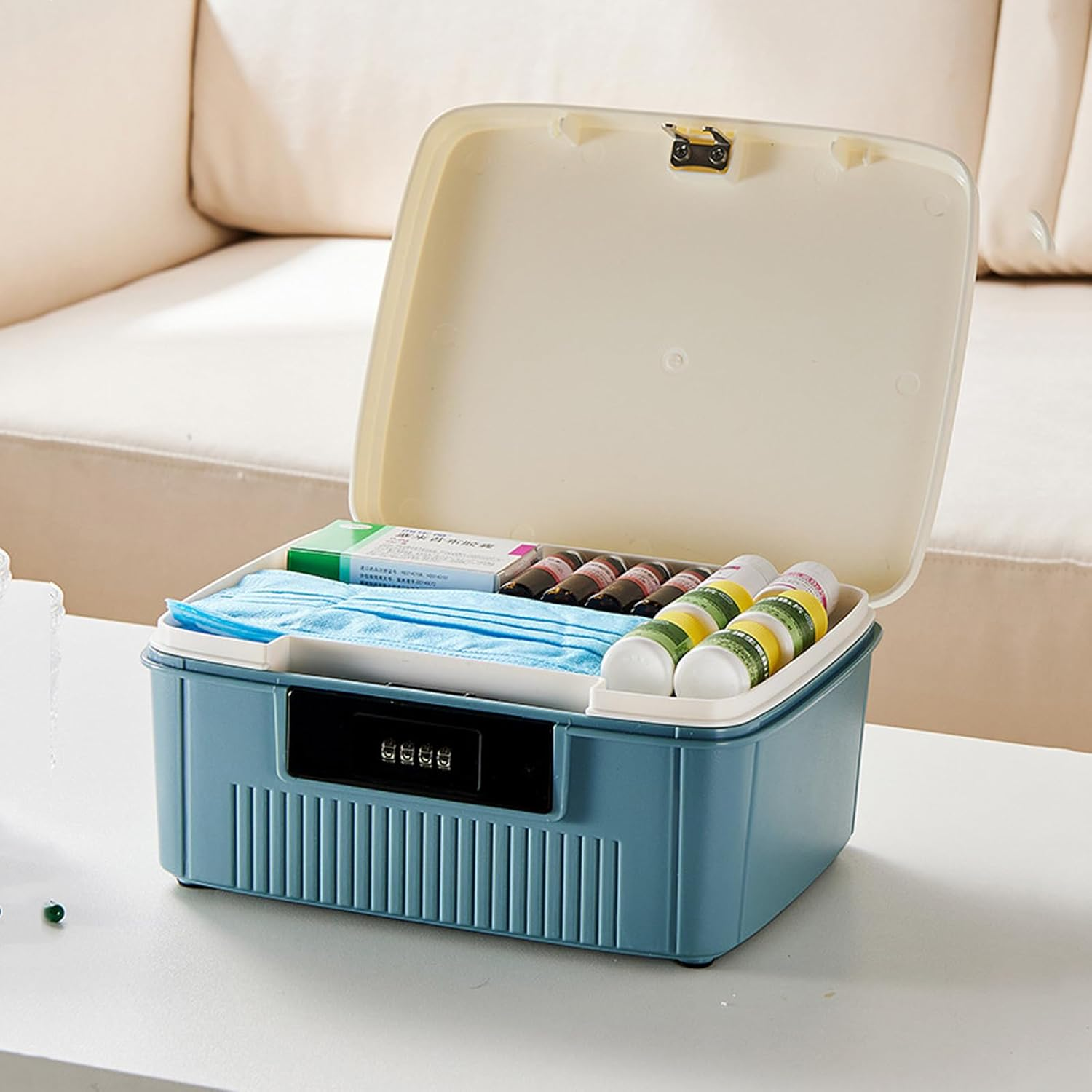 20 * 25 * 10Cm Medicine Organizer Box First Aid Health Emergency Storage Box Large Capacity Medicine Storage Bins with Combination Locks(White)