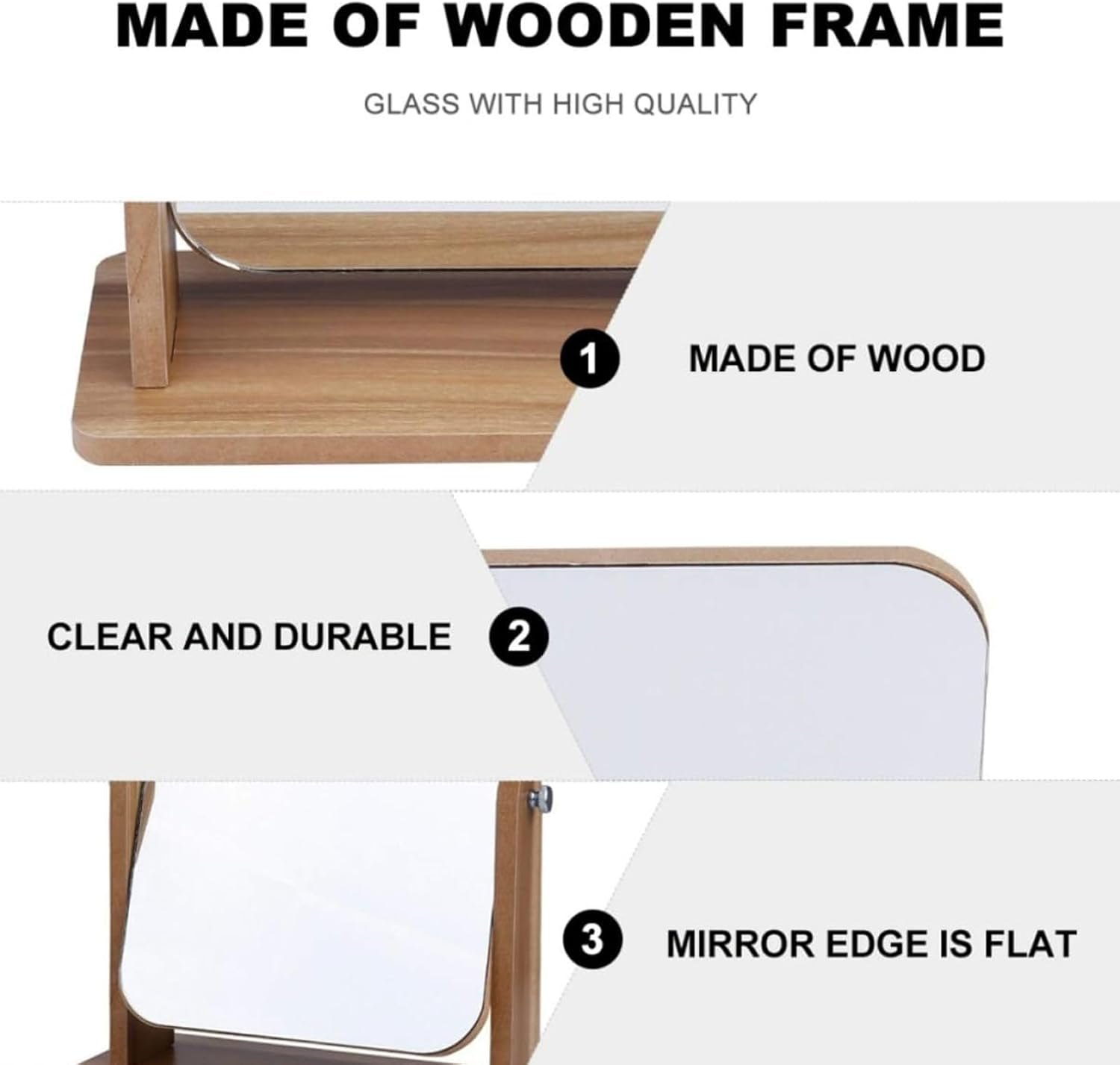 Tavvke Cosmetic Mirror with Wooden Stand, 360&deg; Rotating Single-Sided Desk Mirror, Portable Removable Tabletop Vanity Glass for Makeup, Shaving, Office, Bathroom, and Bedroom (Large)