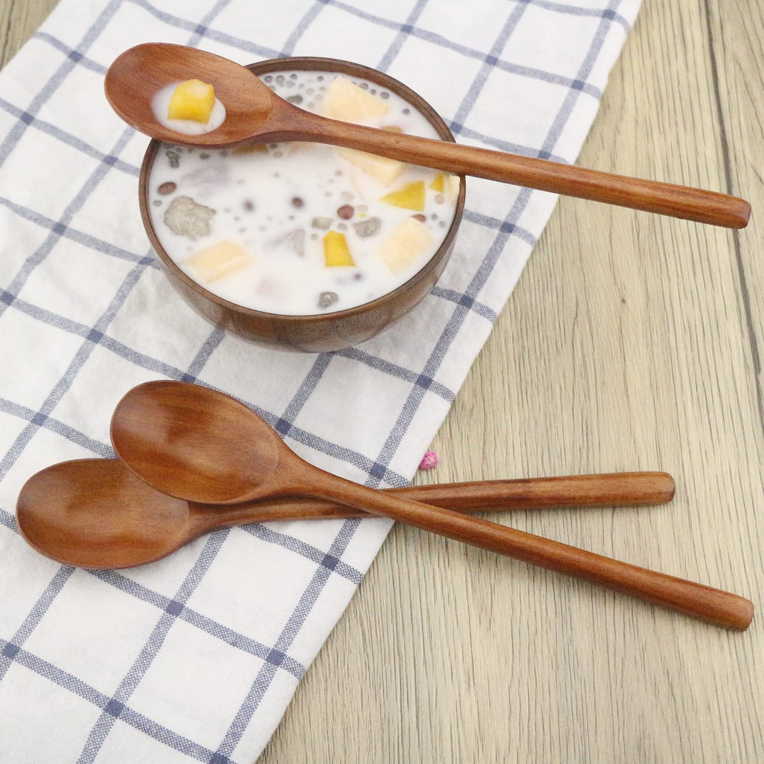 Wooden Spoons, 6 Pieces Wood Soup Spoons for Eating Mixing Stirring Cooking, Long Handle Spoon with Japanese Style Kitchen Utensil, ADLORYEA Eco Friendly Table Spoon