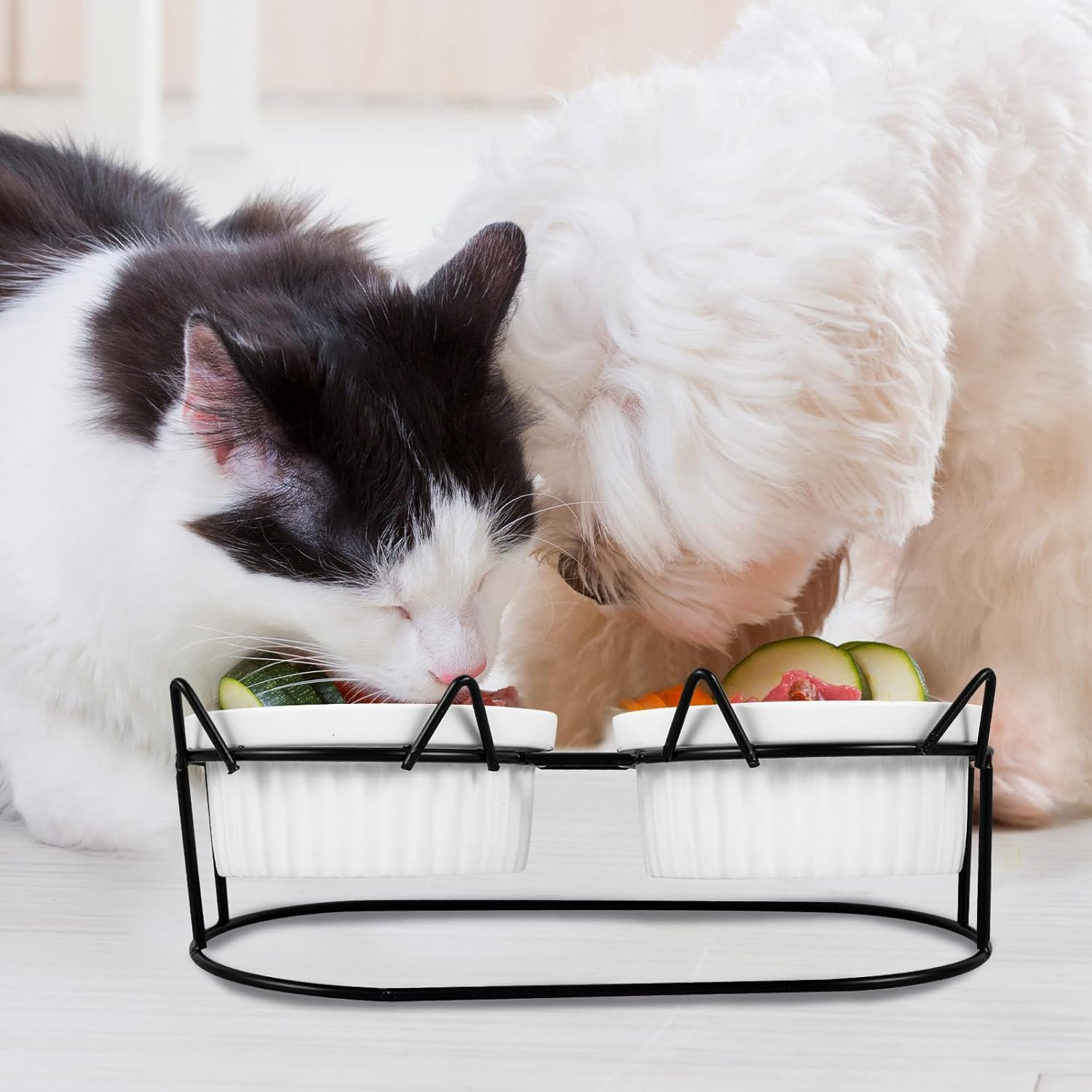 Raised Cat Bowls Whisker Friendly, Elevated Cat Bowls Tilted with Metal Stand, anti Vomiting Double Ceramic Pet Food Bowls, Elevated Cat Food Water Bowl Raised Ceramic Pet Feeding for Cat Dog