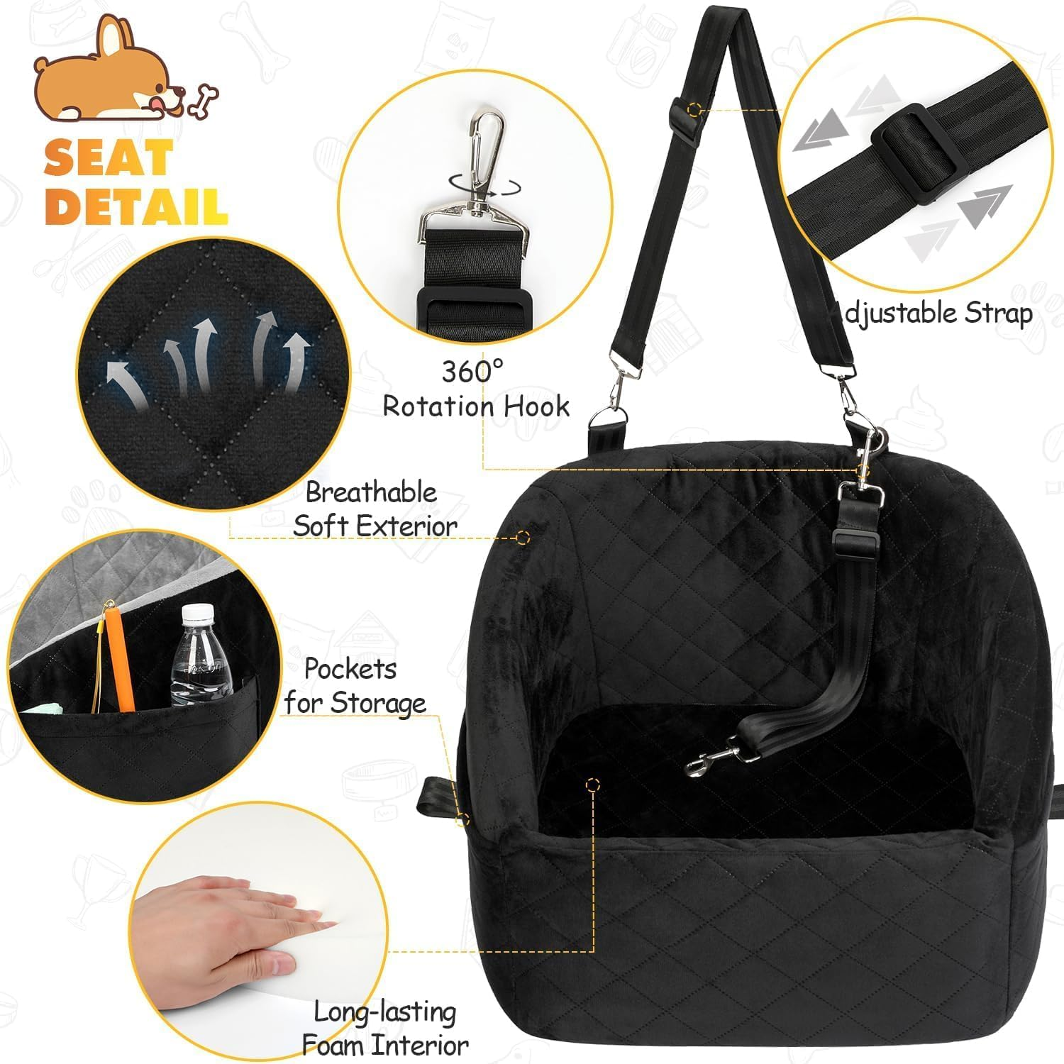 Dog Car Seat for Small and Medium Dogs,Car Seat for Dogs Removable and Washable Dog Booster Seat under 30Lbs, Pet Car Seat Travel Bed with Storage Bag and Dog Safety Belt (Black)