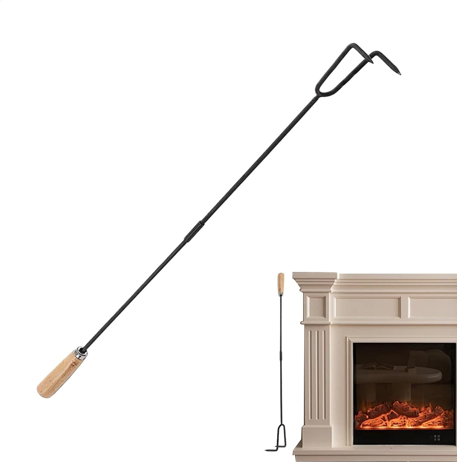 Fire Poker, Portable Fireplace Poker Tool, 33 Inch Fire Poker with Wooden Handle for Fire Pit, Long Portable Campfire Poker, Outdoor Fire Pit Poker