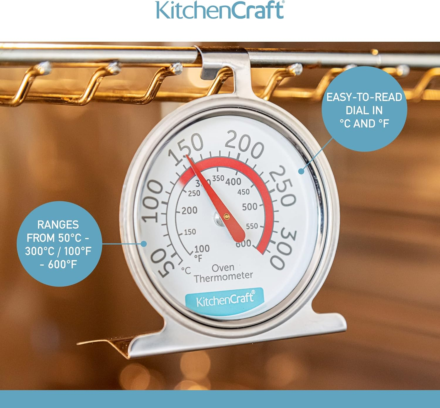 Kitchencraft Oven Thermometer, Stainless Steel over Thermometer for Fan Oven and Gas Oven, 6.5 X 8 Cm, Silver image number 4