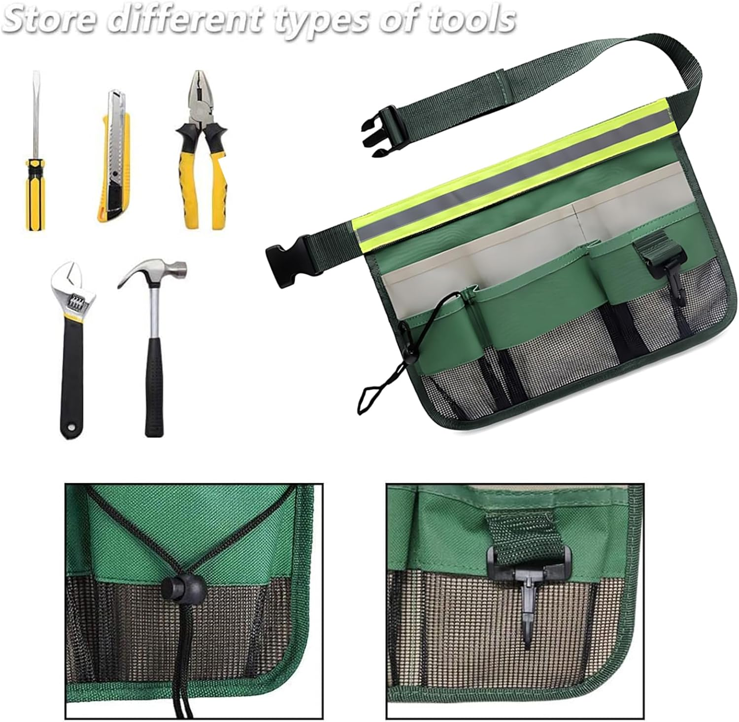 Zalizr 2 Pack Garden Tool Belt Kit, Adjustable Waist Gardening Tool Waist Bag, Heavy Duty 600D Oxford Cloth Home Organizer Tote, 7 Compartments, Tool Apron for Lawn and Yard Storage (Green, Black) image number 3