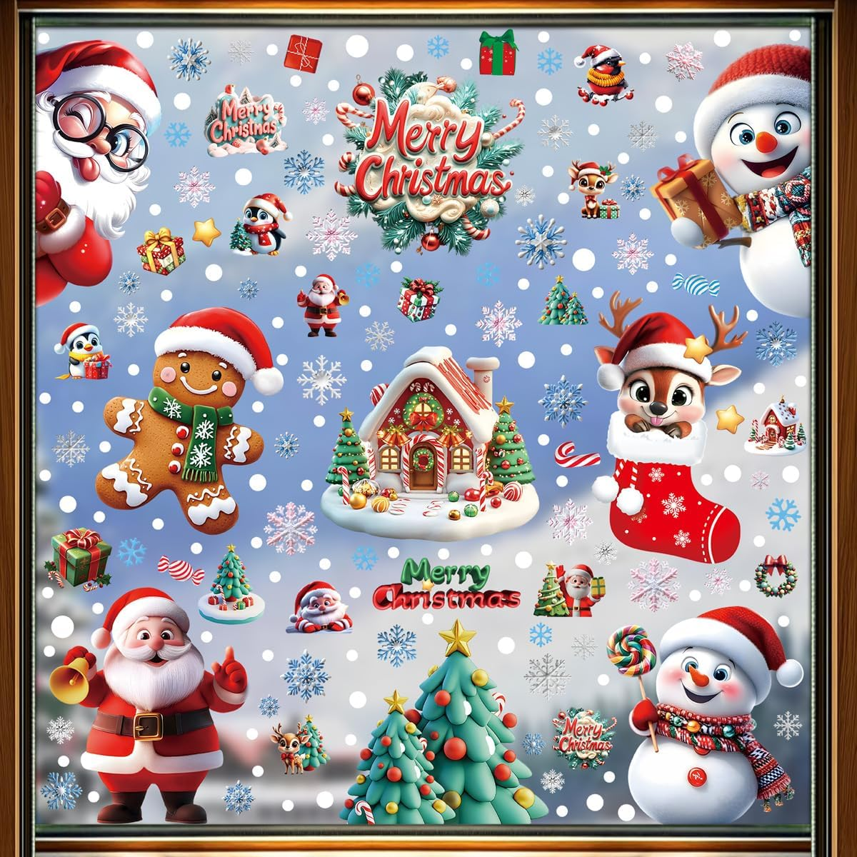 Christmas Window Clings, 263Pcs Static Cling Stickers for Glass - Double-Sided Holiday Decals with Santa, Reindeer, Snowman, Gingerbread, Snowflake Designs for Christmas Winter Home Party Decor (01)