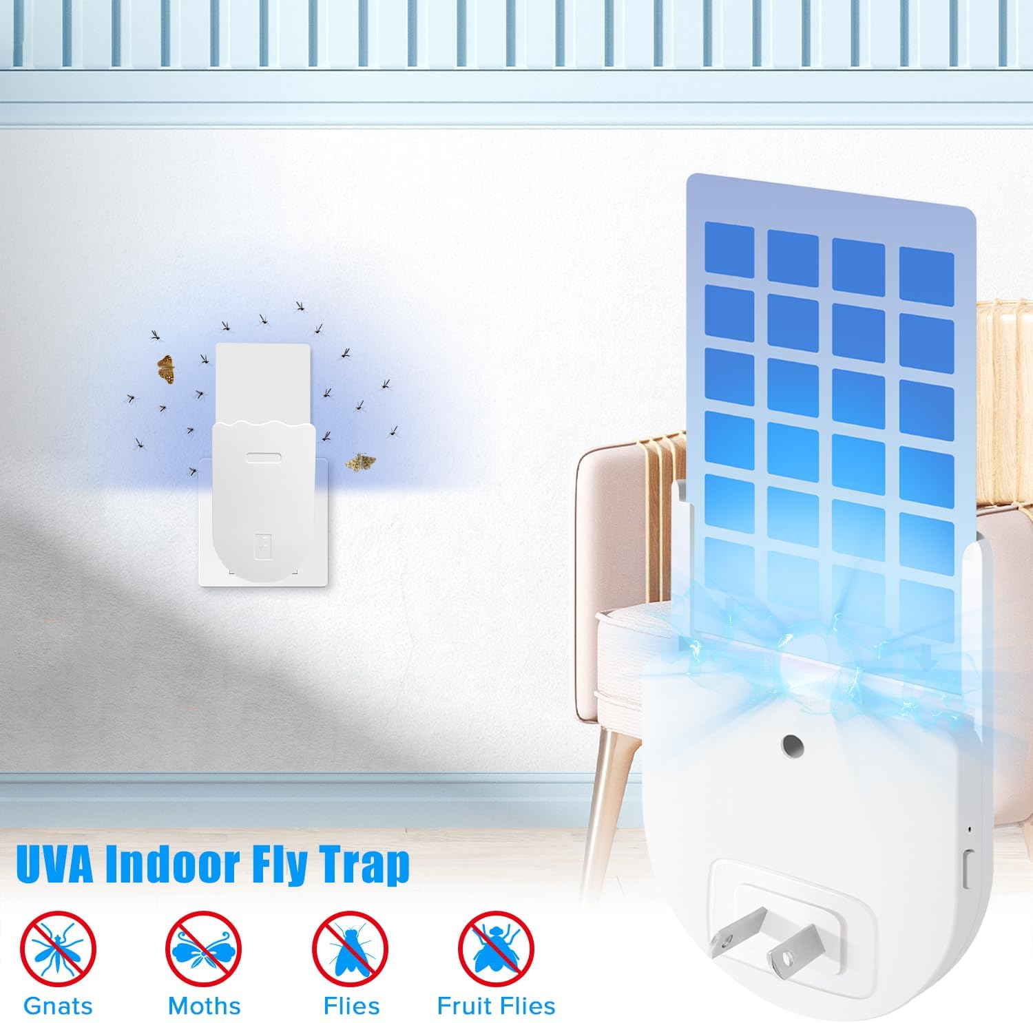 Yakiter Plug-In Mosquito Killer, Flying Insect Trap for Flies, Fruit Flies, Moths & Gnats, UV Attractant Catcher & with Adjustable Brightness Night Light, 1 Device + 5Pcs Adhesive Cards(1Pcs) image number 6