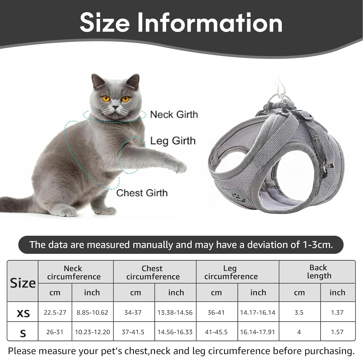 Adjustable Cat Harness, Escape Proof, Adjustable Cat Harness with Lead, Soft Inner Lining and Breathable Mesh, Reflective Harness Set for Outdoor Training, Walking, XS (Grey) image number 1