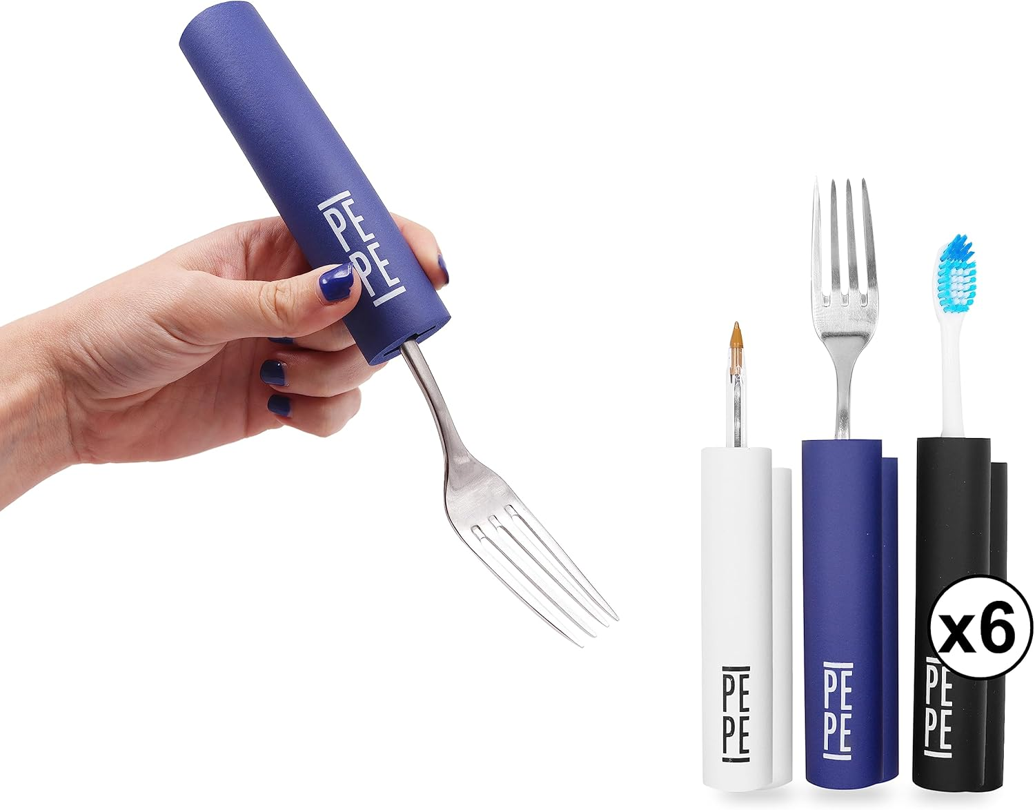 PEPE Grip Aids for Seniors (Pack of 6, 3 Different Formats), Handle Thickening for Cutlery 12 Cm, Arthritis Grip Thickening, Handle Thickener for Cutlery, Toothbrush, Pens Black, White, Blue image number 1
