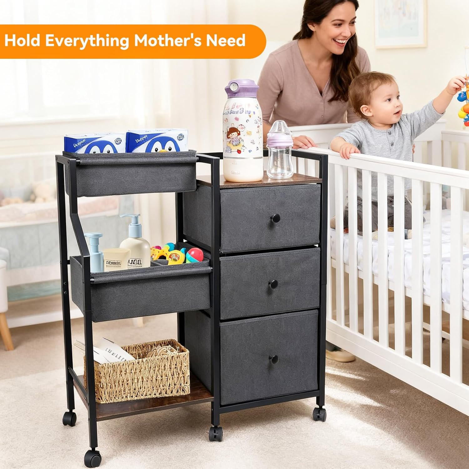 Hiaksedt Baby Diaper Caddy Organizer and Storage, 3 Tier Rolling Cart with Drawers and Dividers Baby Nappy Bin Newborn Essentials Cart for Nursery, Bedroom, Changing Table & Crib image number 6