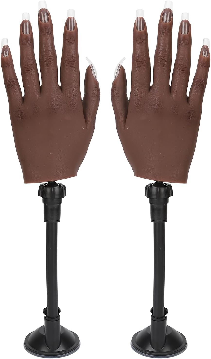 2 Pair Hand Left Right Dark Skin Color Flexible Silicone Mannequin Hand with Refill Nail Tips Suction Brackets image number 6