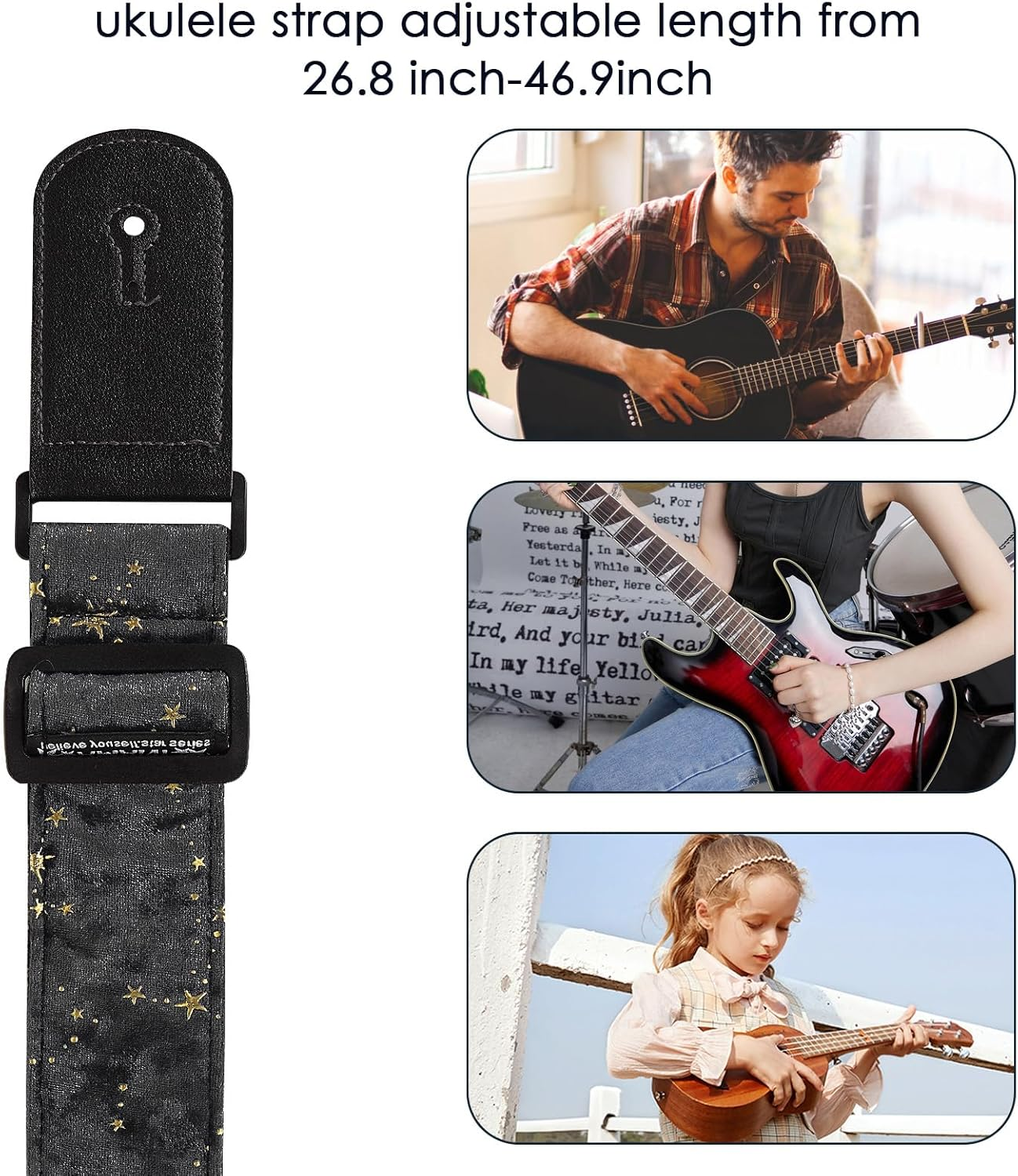Ukulele Strap Belt, Adjustable Shoulder Strap for Folk, Electric Guitar Bass, Starry Pattern Uke Strap for Mandolin, Banjo, Concert image number 3