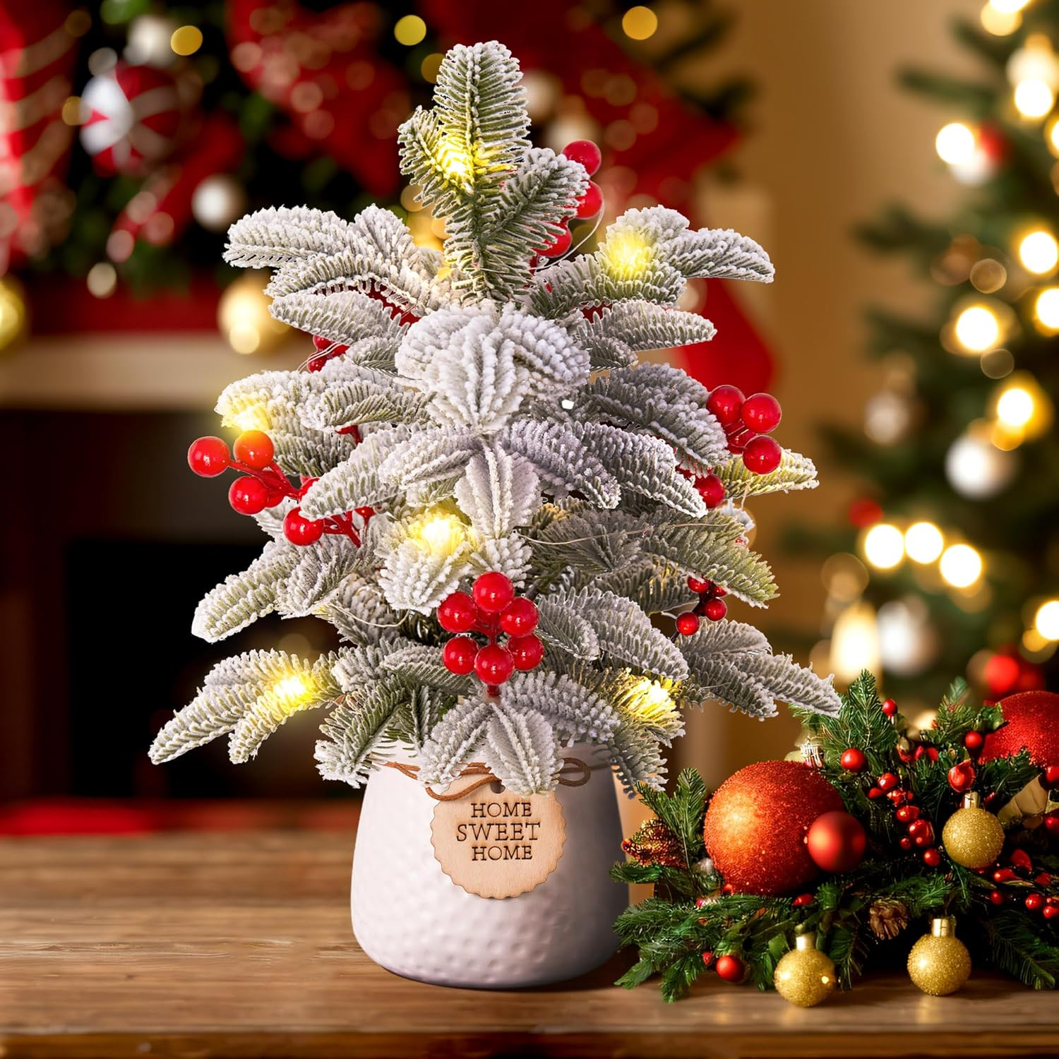 13 Inch Artificial White Christmas Tree with Lights Winter Indoor Tabletop Decor,Prelit Small Xmas Pine Tree and Realistic Berries Stems for Home Centerpiece Mantel Decor(White Basin) image number 5