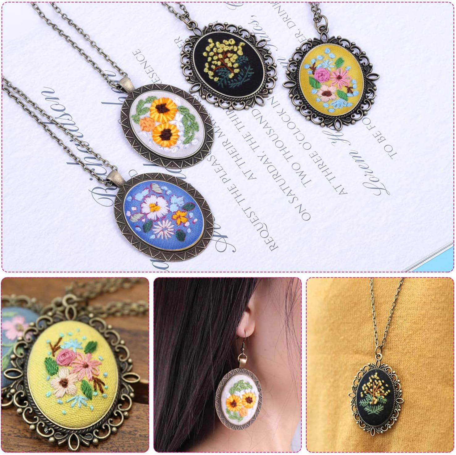 Embroidery Pendant Kit for Beginners, Shynek Embroidery Starter Kit with Pattern and Instructions Cross Stitch Kit Including Pendant Trays Embroidery Clothes with Floral Pattern, Embroidery Hoops image number 2