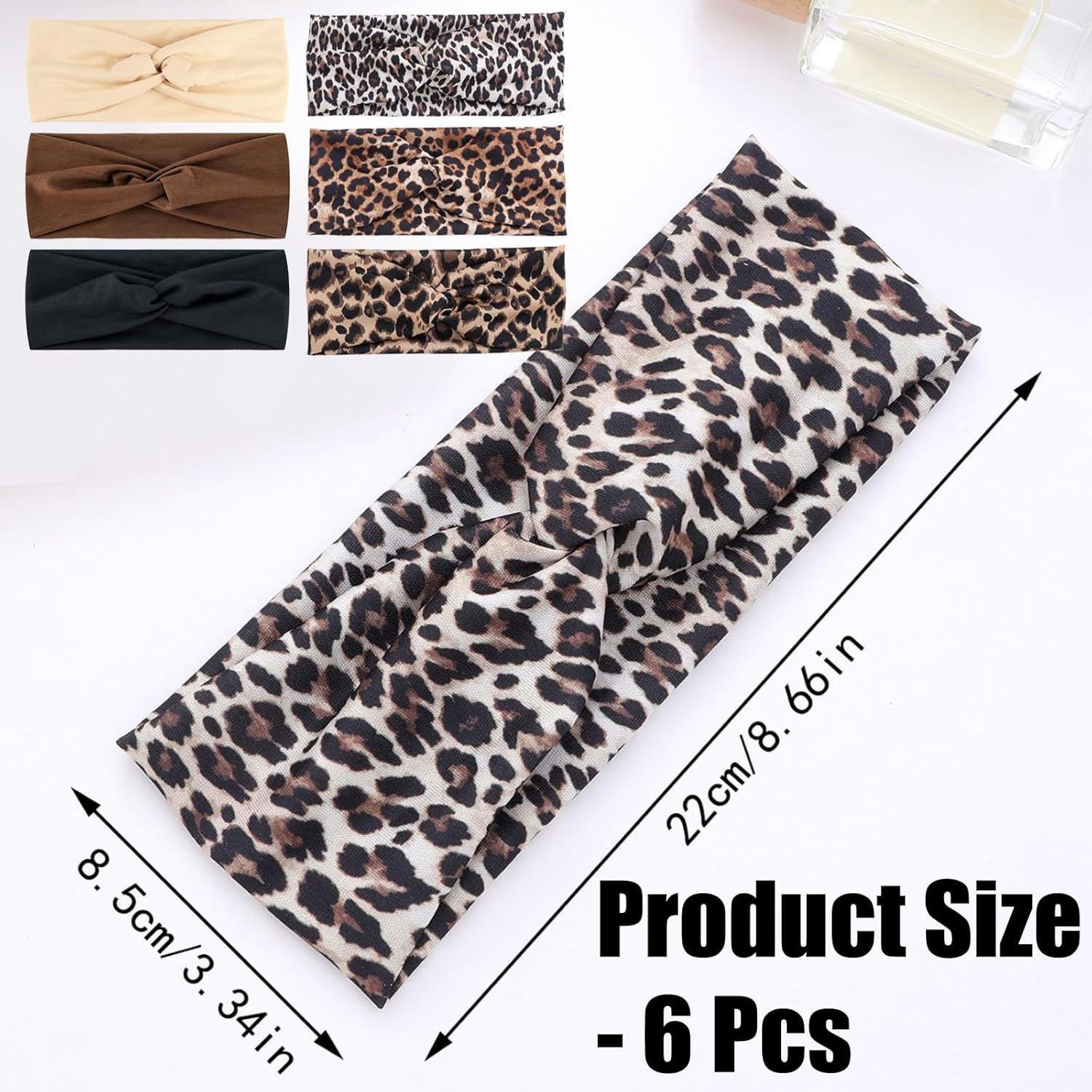 6 Pcs Leopard Print & Solid Color Hair Bands,Wide Elastic Headbands for Women,Yoga Sports Hair Bands,Boho Fashion Knotted Headbands for Women Girls