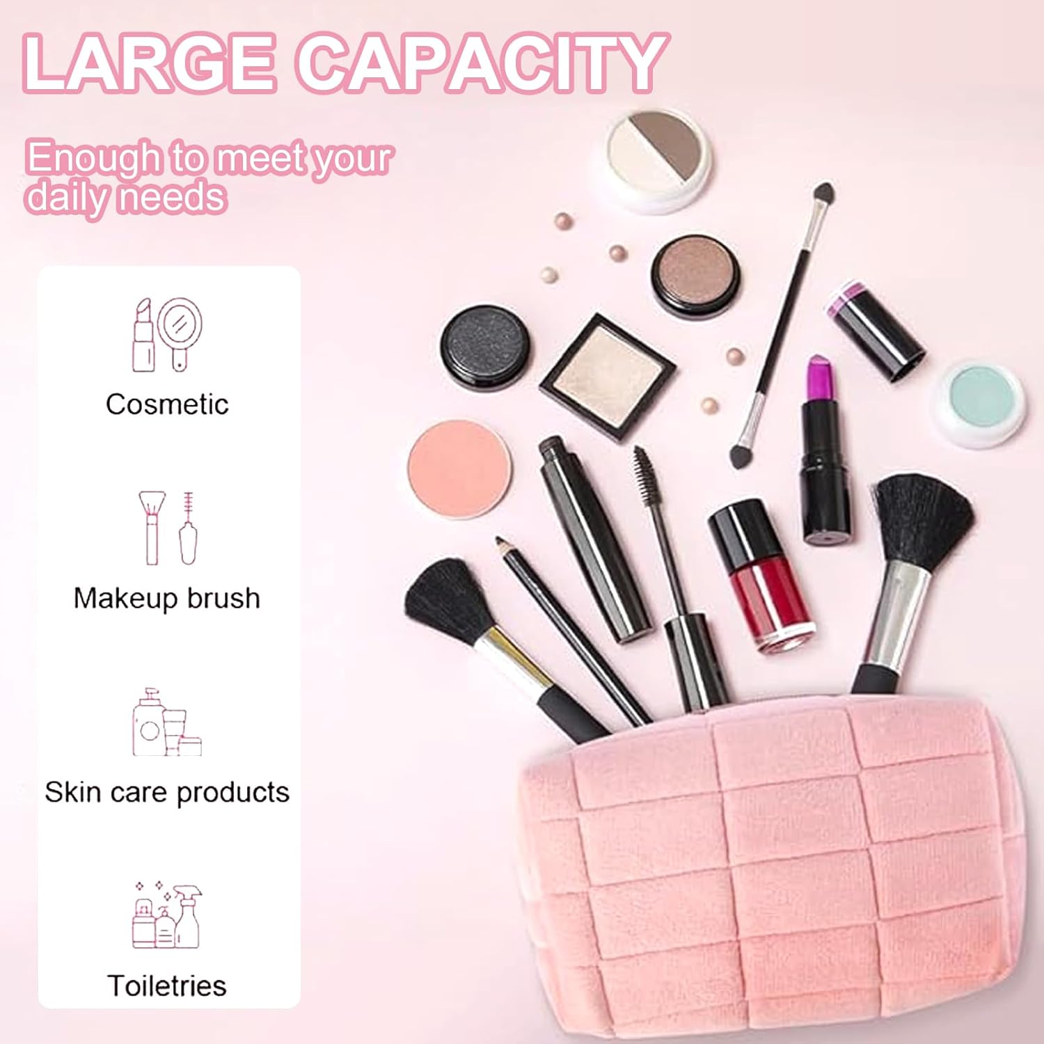 2 Pack Mini Makeup Bag for Travel - Soft Plush Cosmetic Pouch, Cute Toiletry Organizer for Women & Girls, Portable Makeup Storage（Pink+White） image number 4