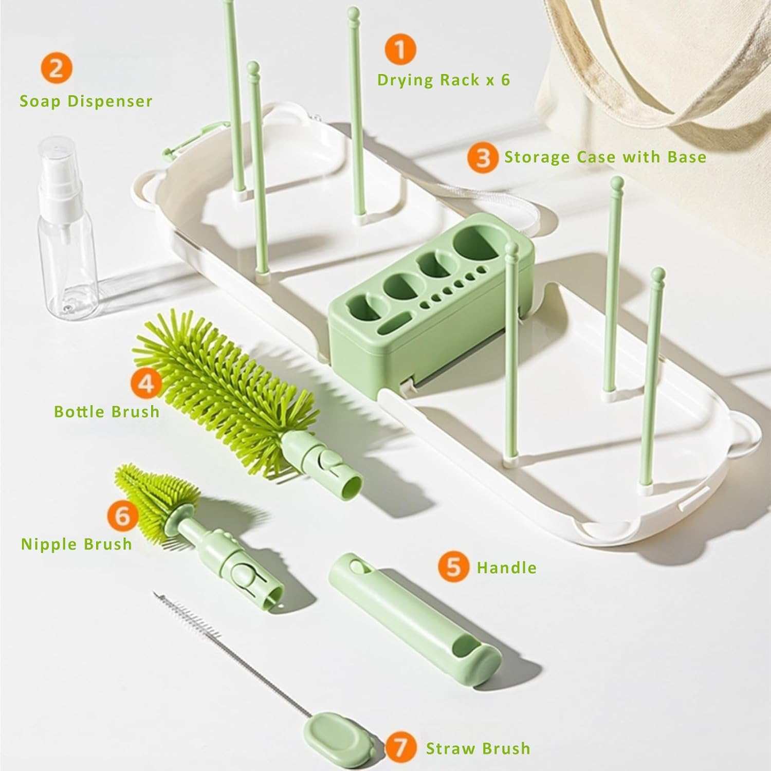 Baby Bottle Brush Set, TOTCOZY Portable Bottle Cleaner Kit with Drying Rack, Bottle Brush, Nipple Brush, Straw Brush, Soap Dispenserr, Baby Travel Essentials image number 1