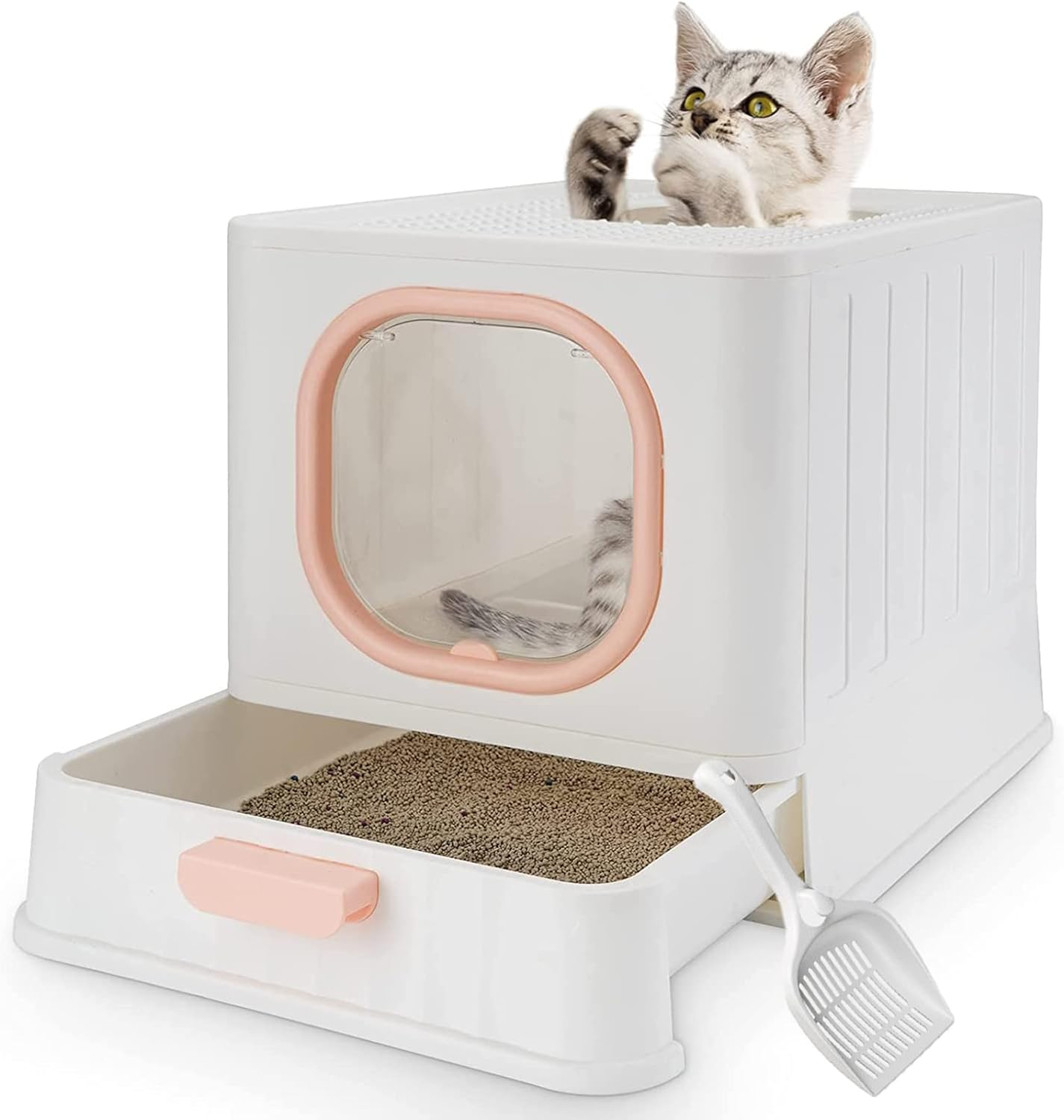 Cat Litter Box,Foldable Cat Litter Box with Lid, Anti-Splshing Cat Kitty Litter Pan, Large Cat Potty Front Entry Top Exit, Drawer Type Cat Toilet Easy Clean with Fashion Cat Litter Scoop image number 1
