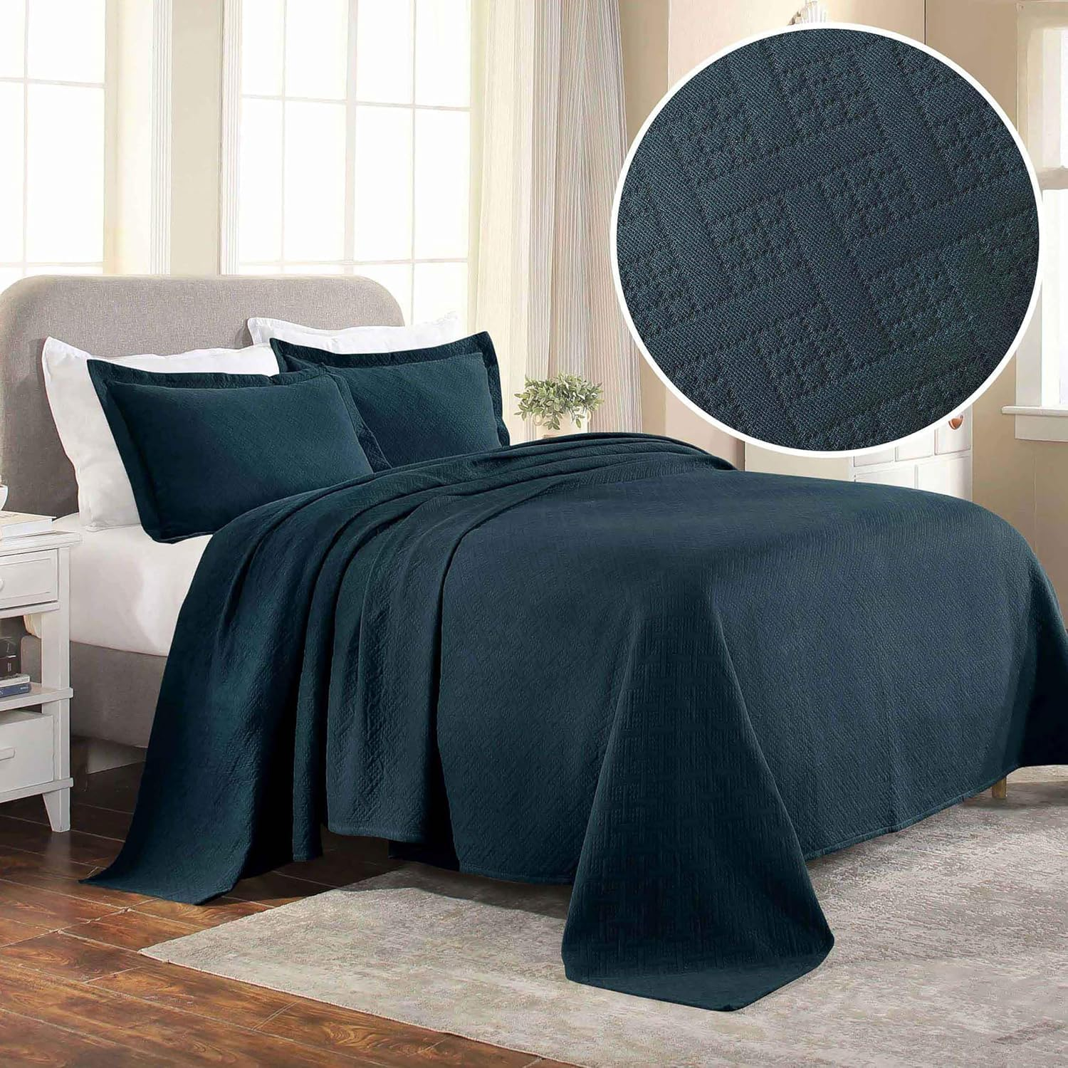 Superior 100% Cotton Basket Weave Bedspread with Shams, All-Season Premium Cotton Matelasse Jacquard Bedding, Quilted-Look Geometric Basket, Twin, Deep Sea image number 4
