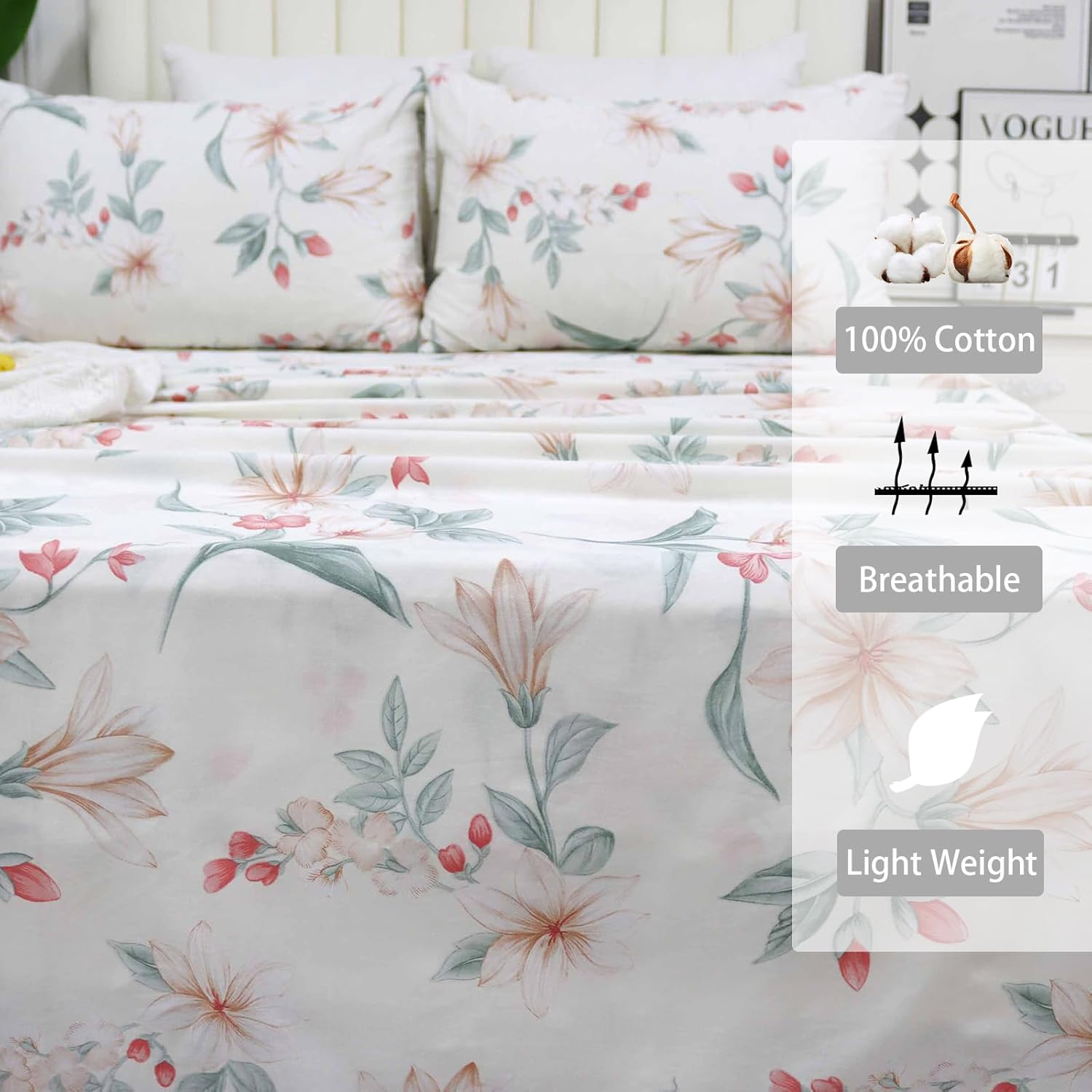 Helthep Floral Sheet Set Twin, 100% Cotton White Floral Printed Sheets Botanical Lily Pattern Sheets Red Chic Flower Green Leaves Luxury Percale Sheet with 17.5" Deep Pocket, Vintage French Bedding image number 3