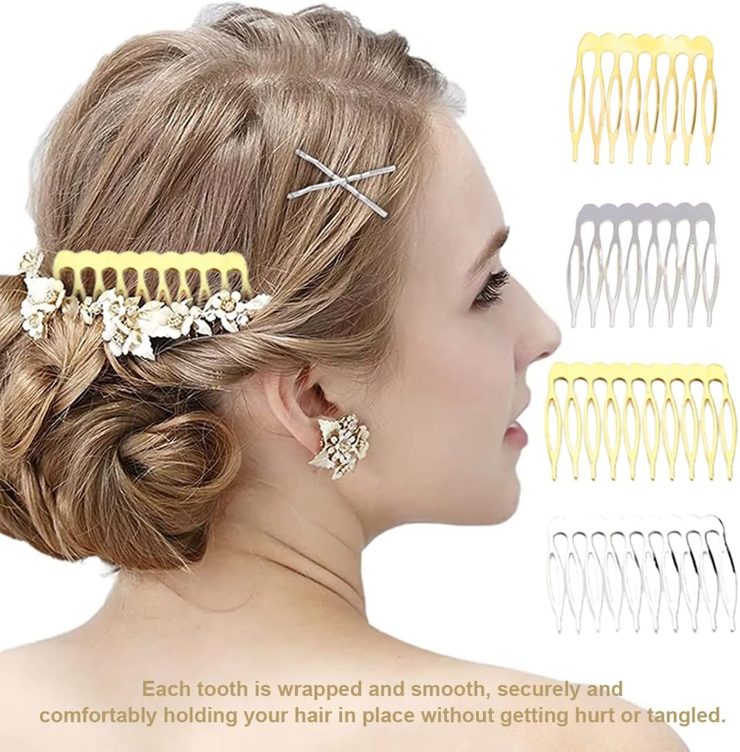 20 Metal Side Combs (10 & 8 Teeth) for Veil Combs French Hair Combs with Teeth for Women with Silver Gold Bun Clip image number 4