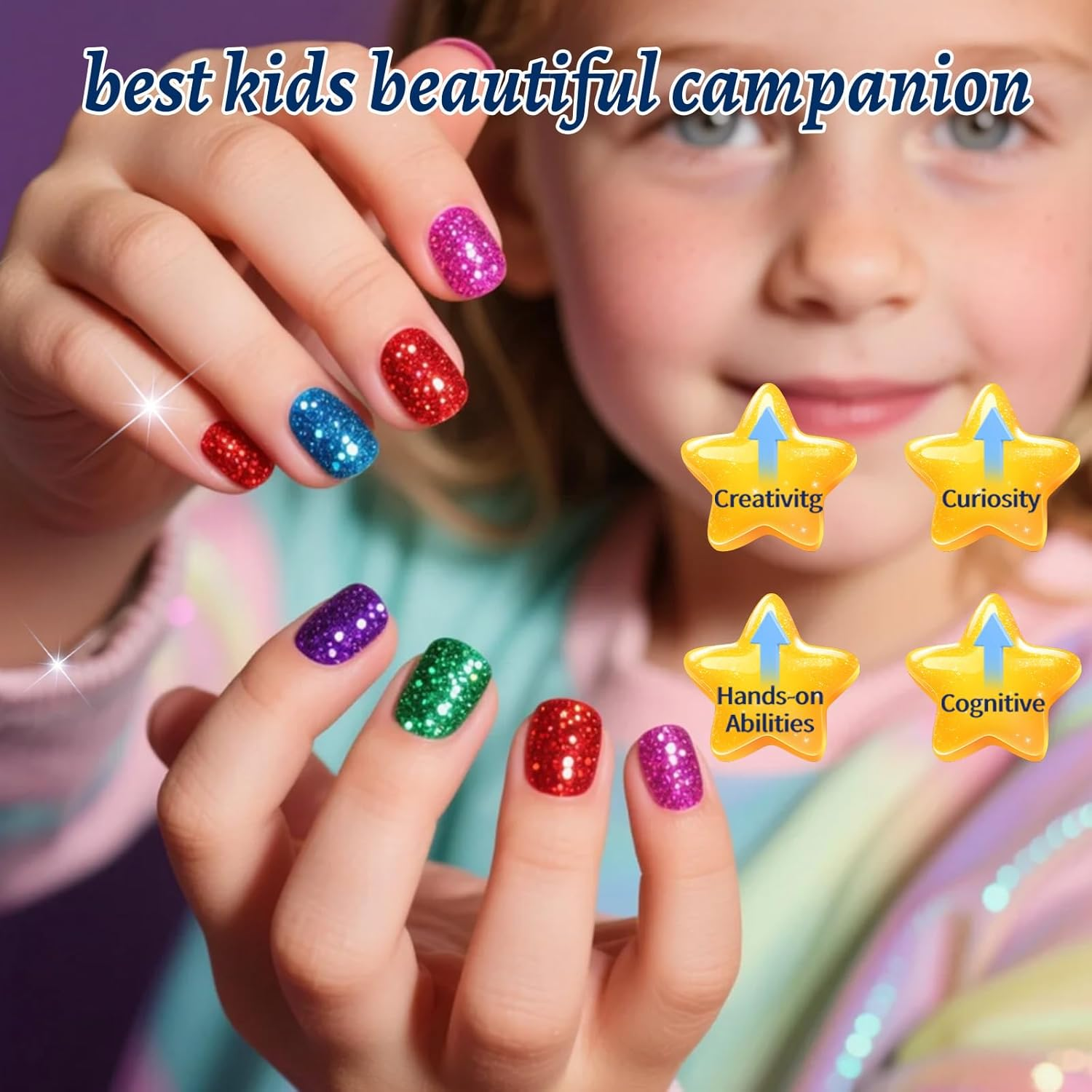 Aieenjor Quick Dry Kids Nail Polish Set, Glitter Non-Toxic Fingernail Polish for Toddler, Water-Based Peelable Nail Polish for Kids, 6 Color Rainbow for Kid Ages 3+ image number 3