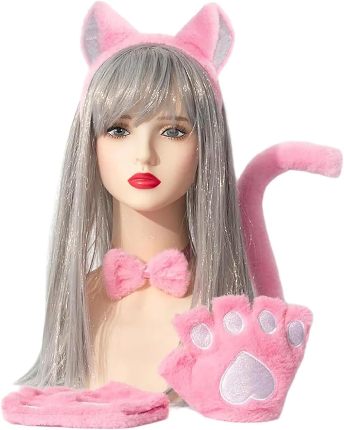 Cat Ears and Wolf Fox Animal Tail Cosplay Costume, Cat Costume Accessories Set, Cats Ear Headbands Tail Cats Paw Glove Bowknots Kids Halloween Animal Cosplays Accessories, Pink image number 1
