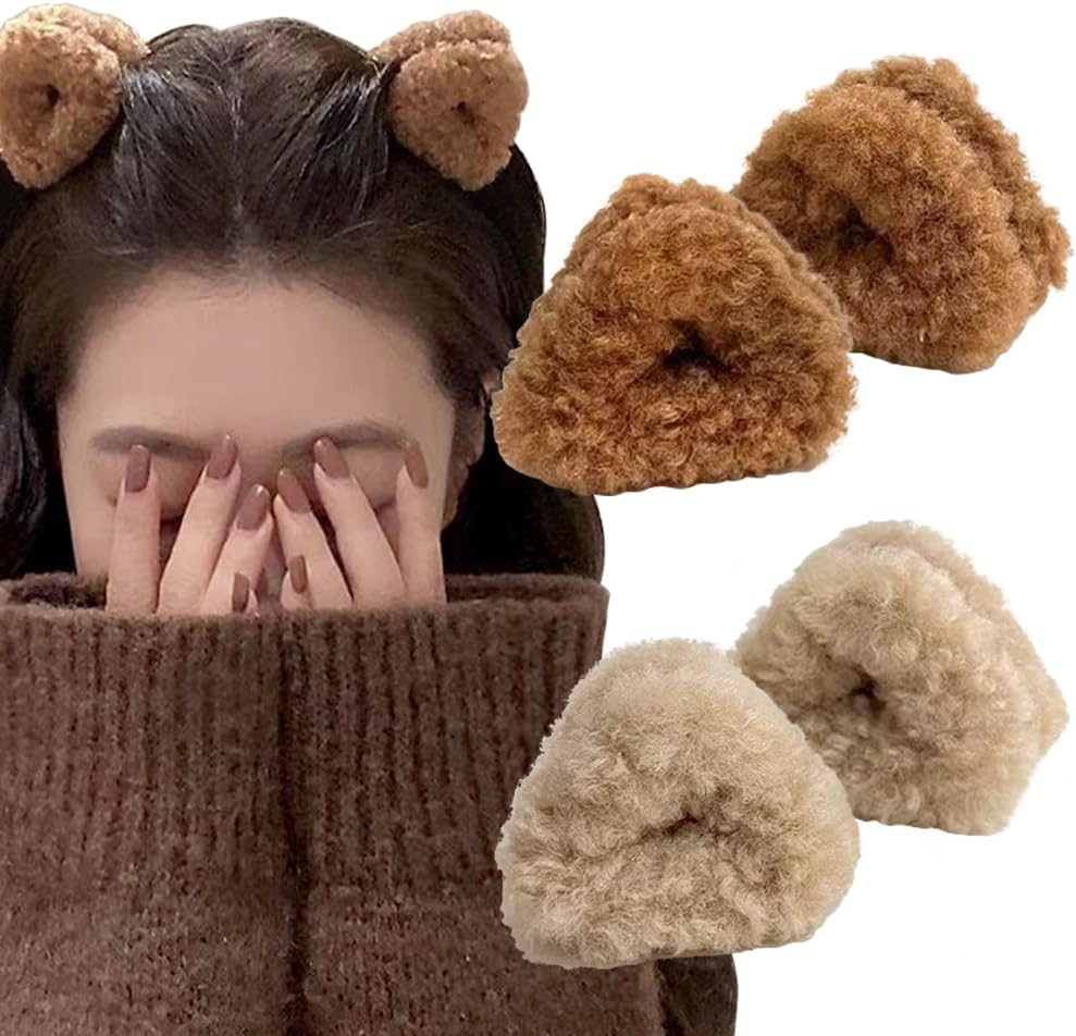 4Pcs Cute Plush Cat Ears Shape Hair Claw Clips Winter Plush Hair Clips Soft Non Slip Claw Clips Small Bangs Barrettes Beige Brown Hair Clip Fashion Fuzzy Claw Clip Hair Accessories for Women and Girls image number 4