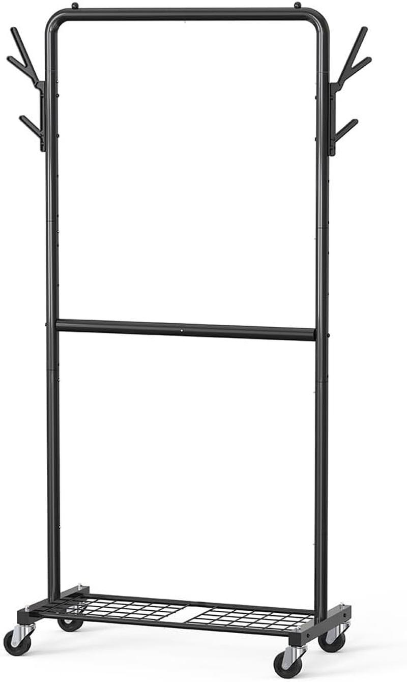 Simple Houseware 100-Cm Double Rod Clothes Rack with Wheels, Hooks and Wired Shelf, Black