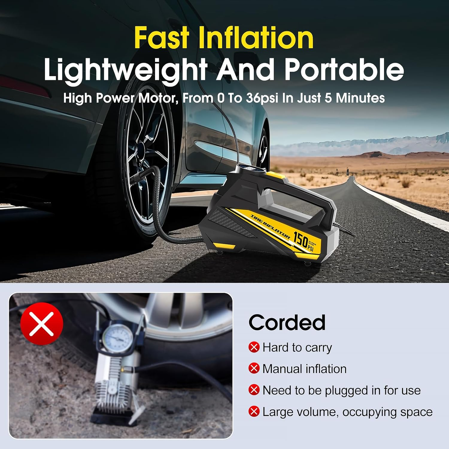 Portable Car Tyre Inflator Air Compressor DC 12V with 150PSI LCD Digital Display and LED Emergency Light, Automatic Tyre Pump image number 1