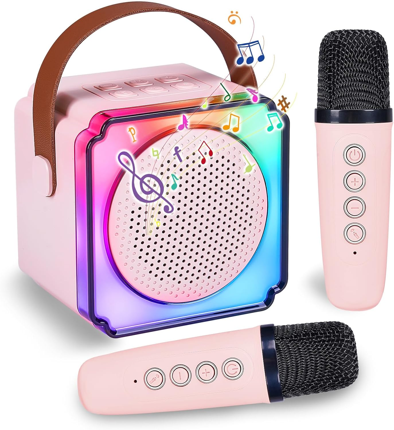 Portable Kids Karaoke Machine with 2 Wireless Microphone, Karaoke Microphone Machine Toy, Mini Bluetooth Speaker Gift with Colorful Lights for Teen Girls Boys Family Home Party Pink image number 6