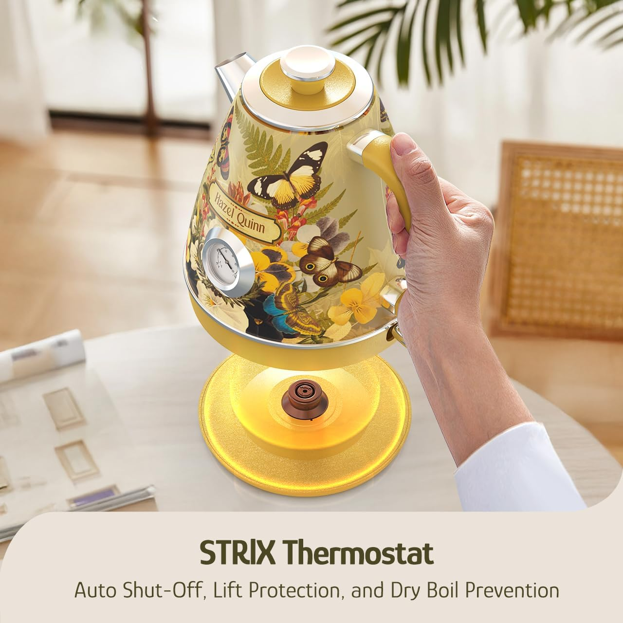 Hazel Quinn Vintage Electric Water Cordless Kettle, 304 Stainless Steel, Dial Thermometer, Fast Boiling, Auto Shut-Off, 1.7 L Capacity, 2200 W, 360&deg; Swivel Base, Floral Design by Artist Eduardo Recife