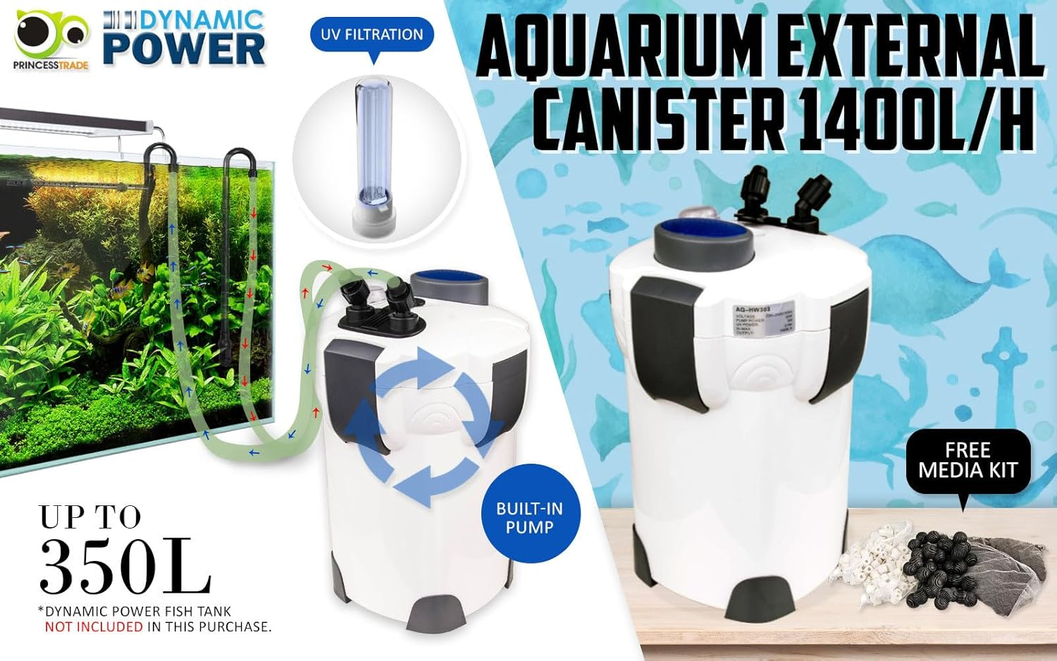 Dynamic Power Canister Filter 1400L/H with UV Light + Media Kit (AQ-HW303) image number 2