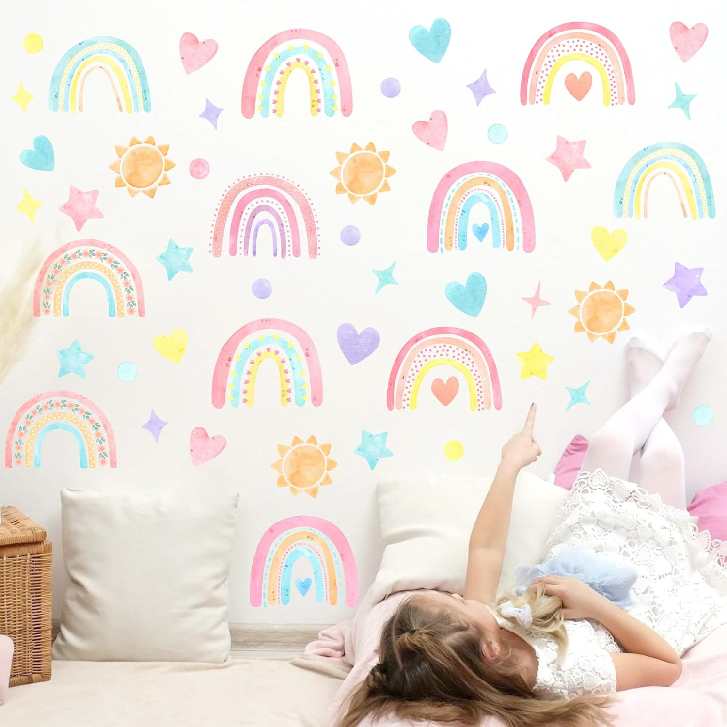 Boho Watercolor Rainbow Wall Stickers Polka Wall Decor Stickers Sun Star Heart Wall Art Stickers for Girls Bedrooms Living Room Decor Baby Nursery Home Office Sofa Decorations image number 3