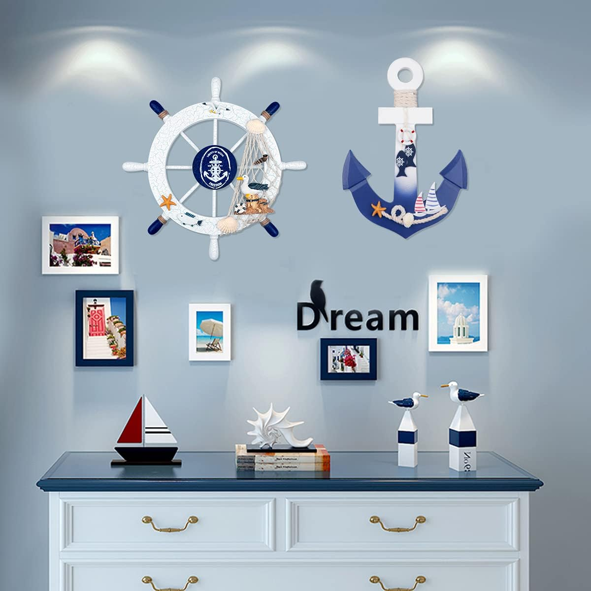 2 Pack 11 Wooden Ship Wheel and Wood Anchor with Rope Nautical Boat Steering Rudder Wall Decor Door Hanging Ornament (2) - Blue,White image number 2