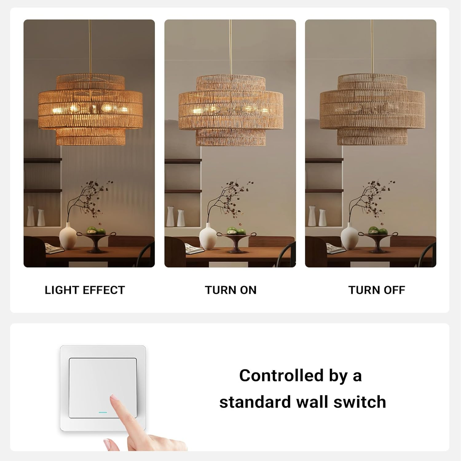 USOR 6-Light Boho Rattan Chandelier Vintage Light Fixture Woven Dome Farmhouse Pendant Light Wicker Straw Look Lamp Rattan Pendant Shade for Kitchen Island Foyer Bedroom Living Room Dining Room D60M image number 6