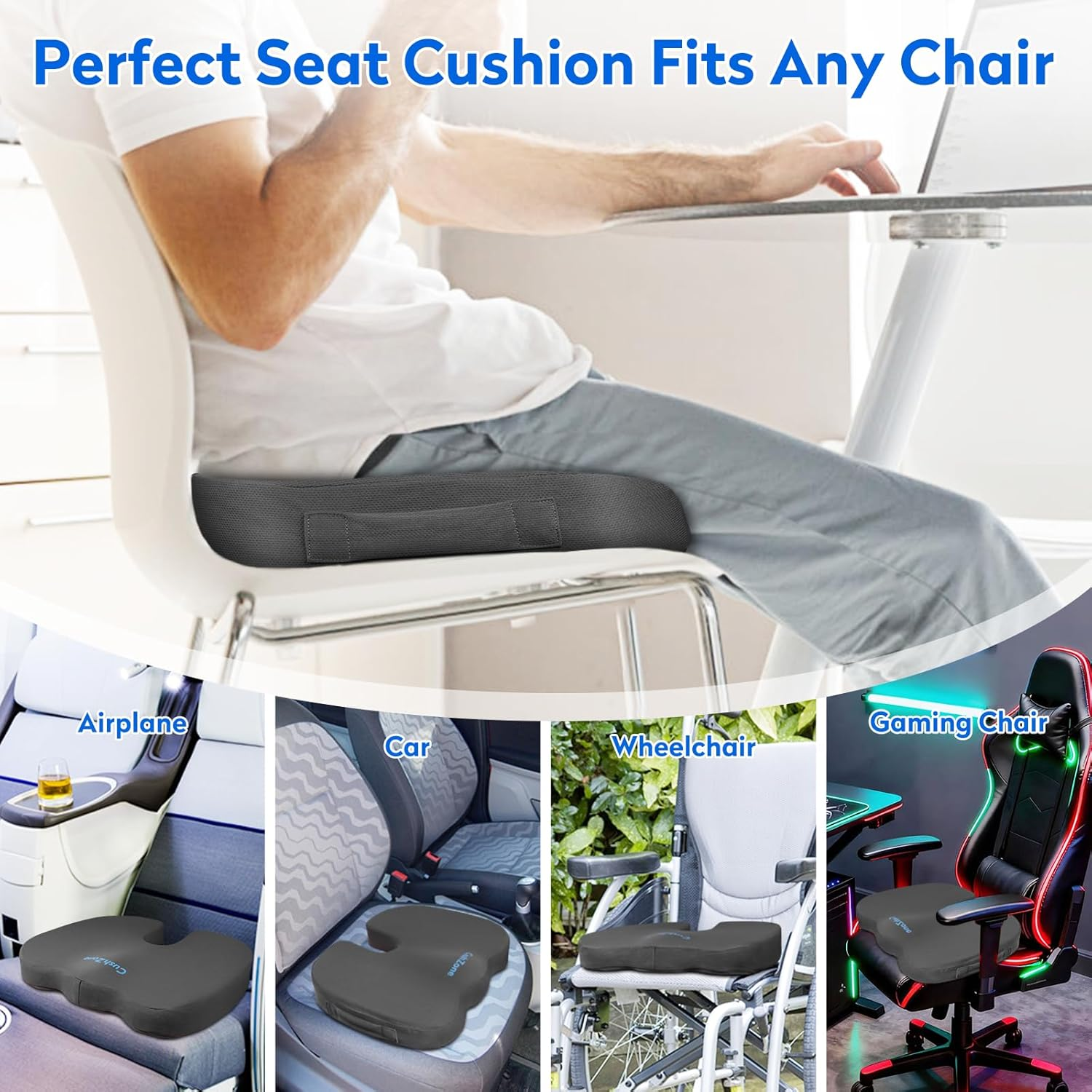 Seat Cushion, Office Chair Cushions, Car Non-Slip Sciatica & Back Coccyx Tailbone Pain Relief Pad, Memory Foam Pillow for Computer Desk, Wheelchair, Driving(Grey) Gray X-Large