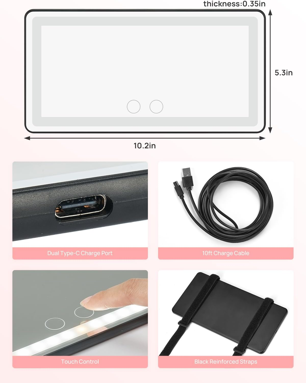 JOYTUTUS Car Sun Visor Vanity Mirror with Lights, 3 Light Modes & 60 Leds, Rechargeable Dimmable Touch Control Travel Makeup Mirror for Truck SUV image number 5