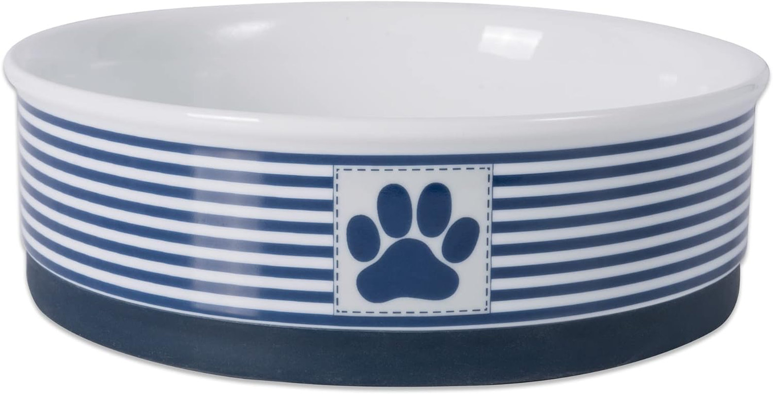 Bone Dry DII Paw Patch & Stripes Ceramic Pet Bowl for Food & Water with Non-Skid Silicone Rim for Dogs and Cats (Medium - 6" Dia X 2" H) Nautical Blue - Set of 2