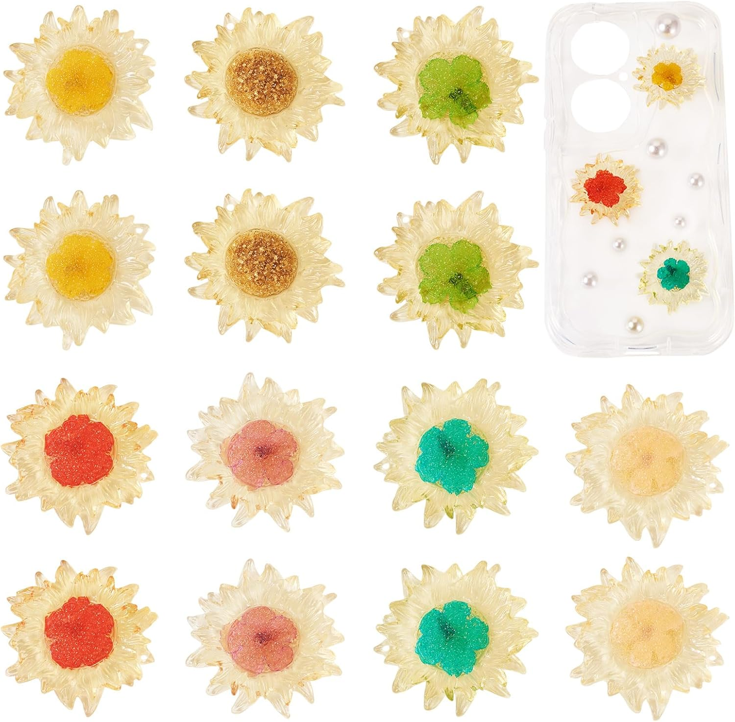 Crafans Sunflower Cabochons Resin Translucent Colorful Sunflower Daisy Cabochons Flat Flowers Embellishments for DIY Jewelry Making Scrapbooking 14Pcs
